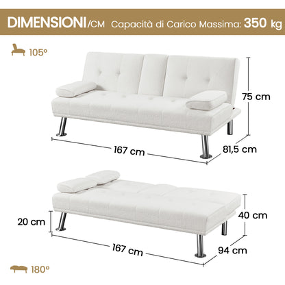 Costoffs Divano Letto a 3 Posti Divano Trasformabile con 2 Braccioli Staccabili Mobile Imbottito con Supporto Centrale Porta Bicchieri Divanetto Reclinabile da Salotto
