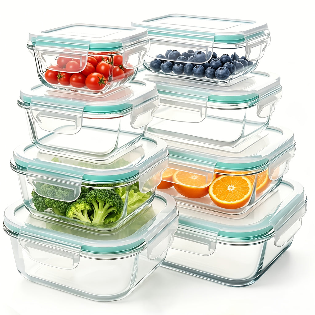 Set da 16 pezzi di contenitori ermetici in vetro per alimenti, portapranzo, forni a microonde, forni - Perfetti per insalate, frutta, verdura e panini, portapranzo | Conservazione ermetica | Vetro resistente, contenitori per alimenti (8 coperchi + 8 conte