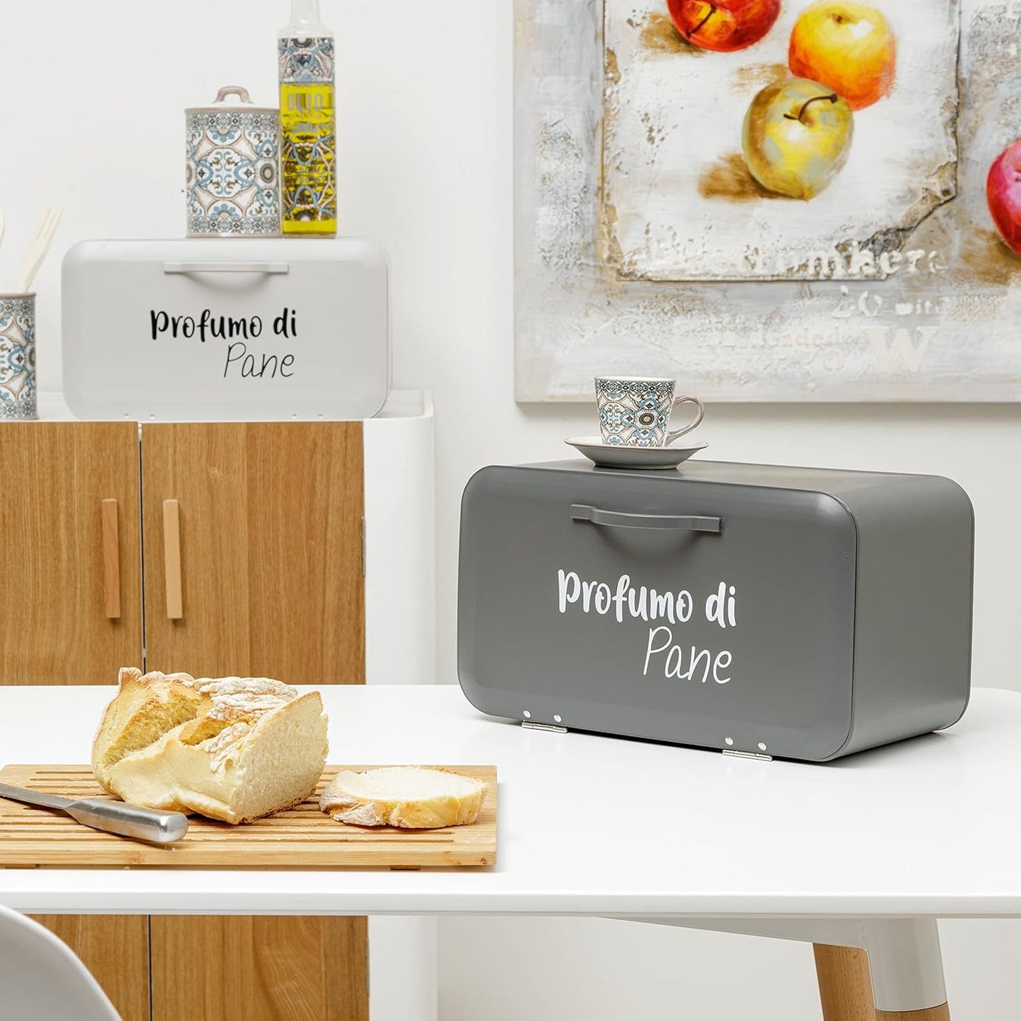 Baroni Home Portapane Grigio Antracite | Beige con Apertura Frontale e Chiusura Ermetica 34x19x17 cm, Cassetta Pane in Metallo, Scatola Contenitore per Pane e Panini Proteggi Freschezza, Anti-mosche, Ideale per Pane Fatto in Casa, Porta-Pane Design Modern