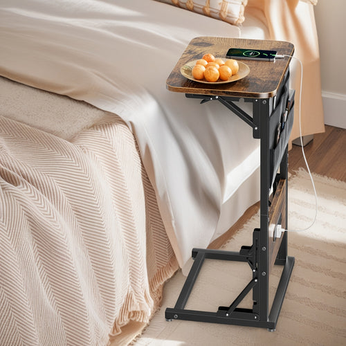 Tavolino angolare a forma di C, tavolo da pranzo pieghevole e vassoio da TV con prese integrate, tavolino laterale pieghevole salvaspazio per divano, poltrona reclinabile, soggiorno e camera da letto