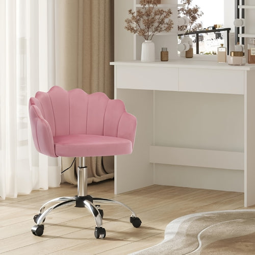 1 sedia da ufficio per casa, sedia da scrivania, sedia da trucco, sedia in velluto con schienale a forma di petalo - Comoda e bella, sedia girevole con ruote, altezza regolabile, base in metallo, facile da montare