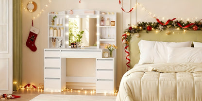 Tavolo da trucco con 8 cassetti, grande specchio con illuminazione LED RGB, ripiano portagioie integrato, piano di lavoro largo 120 cm con comodino, bianco