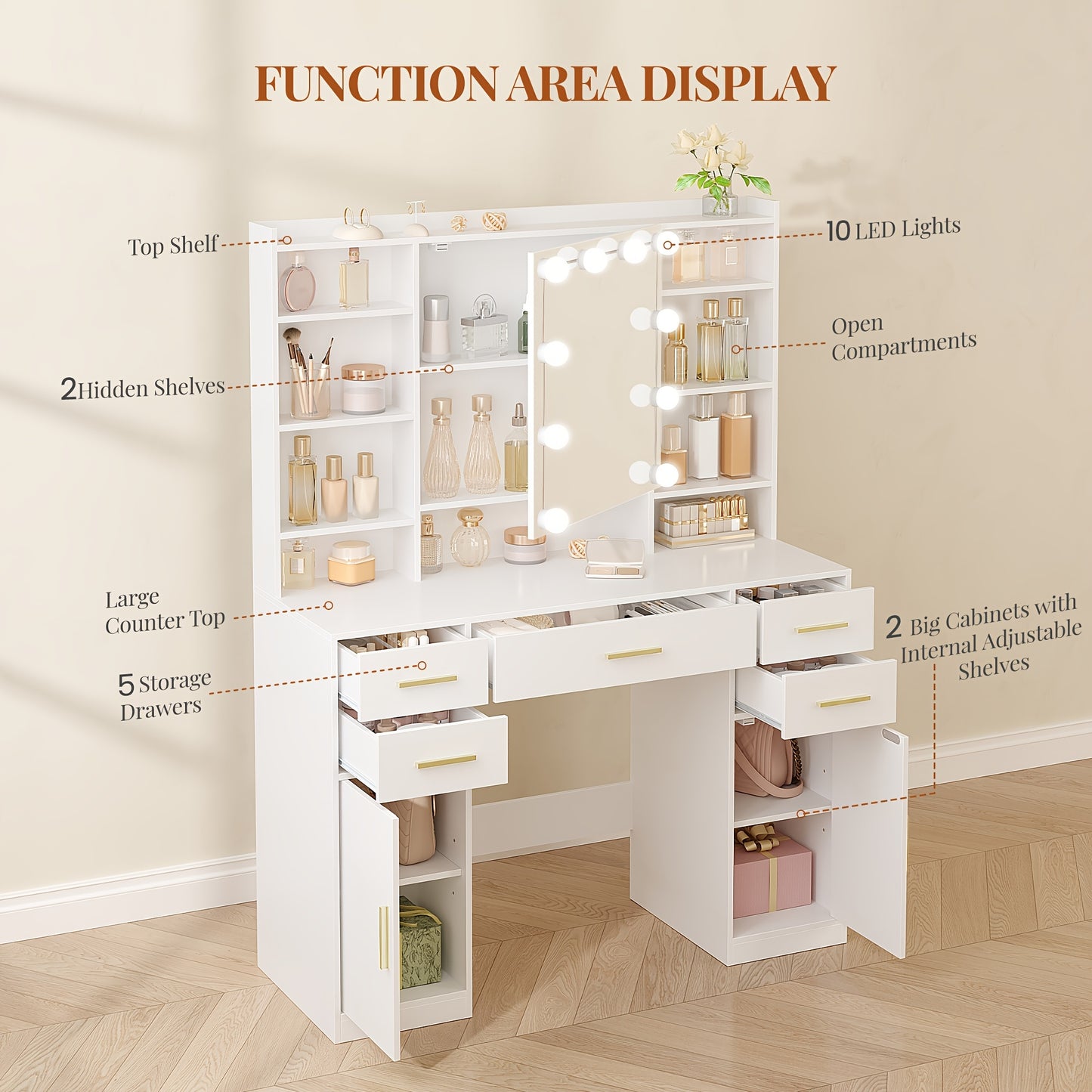 Tavolo da trucco con specchio, dotato di 10 luci LED, luminosità regolabile, 5 cassetti, 2 armadietti e 9 ripiani aperti, inclusi ripiani a scomparsa, adatto per la camera da letto, misura 40 × 108 × 144 cm, in bianco