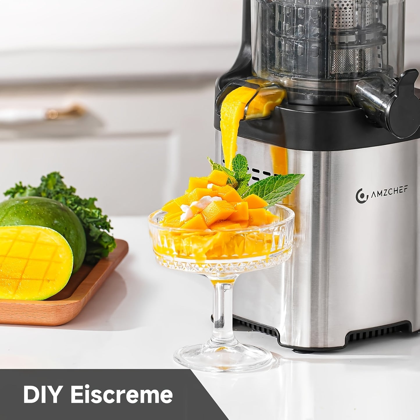 AMZCHEF Estrattore di Succo Professionale a Pressione a Freddo - Tubo di Alimentazione Extra Largo 126mm - Tecnologia a Masticazione Lenta con Funzione Inversa - per Frutta Intera, Verdure a Foglia e Ortaggi - Include 2 Bicchieri in Tritan e Spazzola per