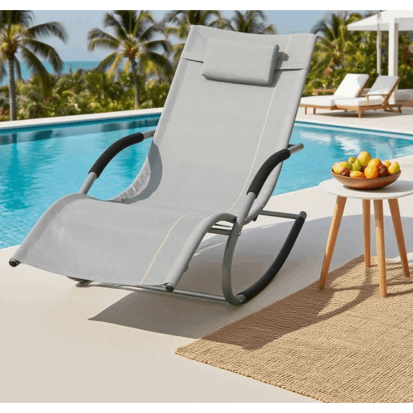 1 Pezzo Lettino Prendisole Lettino da Giardino Sdraio Relax Sedia a Dondolo da Esterno con Cuscino Poggiatesta Superficie Ergonomica Tessuto Resistente agli Agenti Atmosferici Struttura in Metallo Tasca Laterale Portata Massima 150 kg Terrazza Balcone Gia