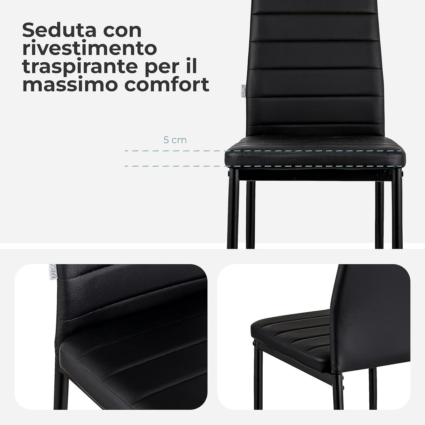 Baroni Home Set di 4 Sedie da Pranzo con Schienale Alto e Seduta Ergonomica con Cuciture Decorative, Sedie Eleganti Imbottite in Ecopelle o velluto con Struttura in Acciaio, 40X48X96 cm