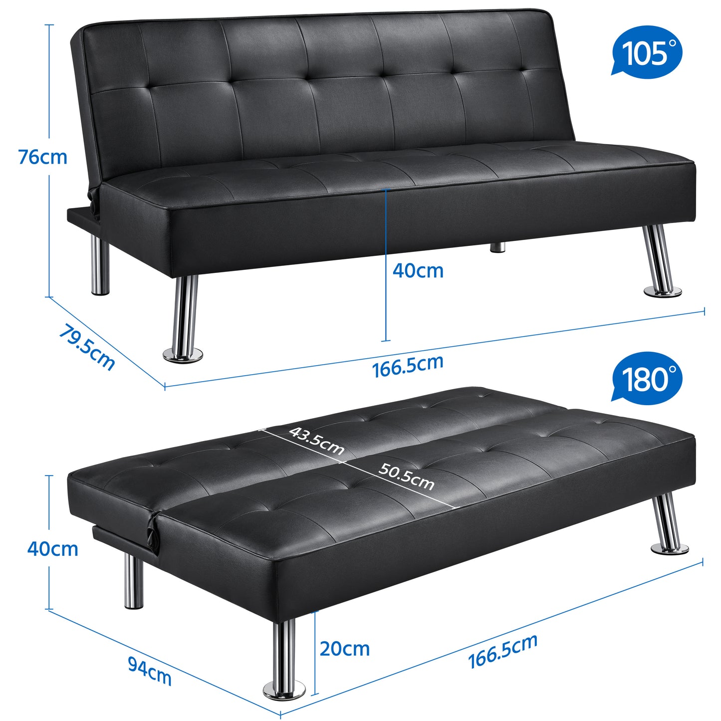 Costoffs Divano Letto a 3 Posti Divano Letto in Tessuto Imbottito con Gambe in Metallo Cromato 105° - 180° per Soggiorno Studio Ufficio Camera degli Ospiti Carico Massimo 350 kg