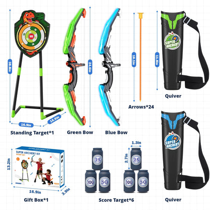 HYES 2 pezzi Arco e Freccia per Bambini, Set di Tiro con l'Arco con 24 Freccie a Ventosa, 1 pz Poggiatesta, 6 pz Bersagli di Punteggio e 2 pz Cestini, Regali Sportivi Indoor Outdoor per Bambini e Bambine dai 3 ai 8 Anni, Natale, Regalo di Compleanno