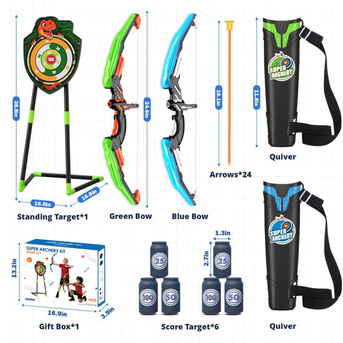 HYES 2 pezzi Arco e Freccia per Bambini, Set di Tiro con l'Arco con 24 Freccie a Ventosa, 1 pz Poggiatesta, 6 pz Bersagli di Punteggio e 2 pz Cestini, Regali Sportivi Indoor Outdoor per Bambini e Bambine dai 3 ai 8 Anni, Natale, Regalo di Compleanno
