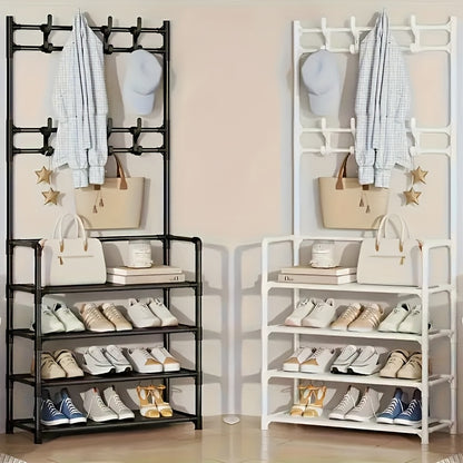 Scaffale per Scarpe - Appendiabiti Salvaspazio, Scaffale a 5 Ripiani con 8 Ganci, Struttura Robusta in Metallo Dorato/Plastica, Design Autoportante o da Parete per Casa, Ufficio e Negozio - Ideale per Scarpe, Cappotti, Cappelli, ecc., Regalo per Halloween
