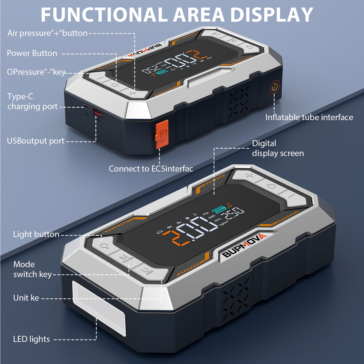 Avviatore di emergenza per auto 8000A con compressore d'aria, pompa di gonfiaggio cordless per pneumatici, booster di batteria con power bank e torce a LED, doppio display della pressione dell'aria