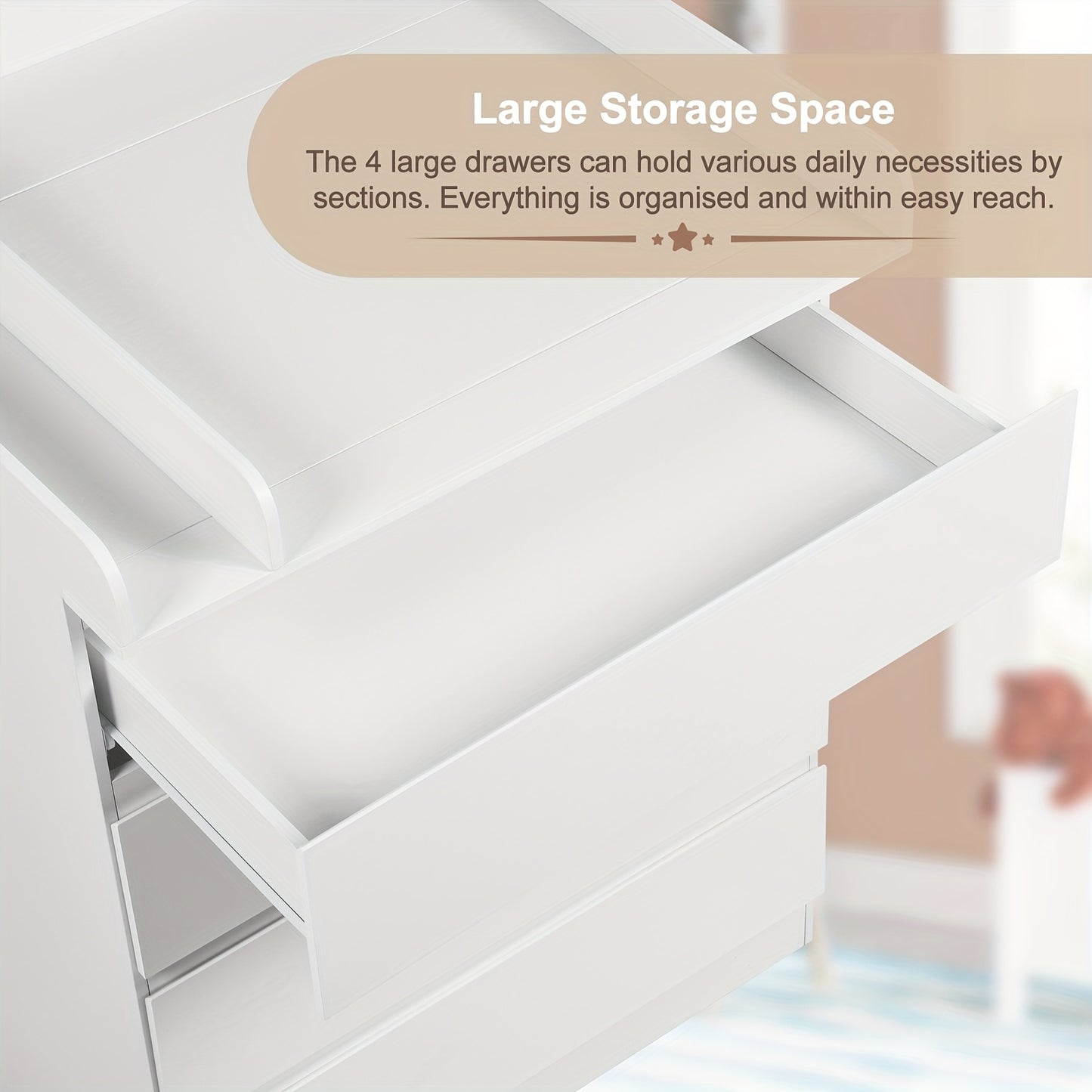 Unità di cassetti da 1 pezzo con 4 grandi cassetti, utilizzabili come organizer o comò, mobilia per la casa con ripiani rimovibili, tavolino da notte, camera da letto, soggiorno, bagno, bianco, 110x80x75 cm, decorazione pasquale, regalo per la Festa della
