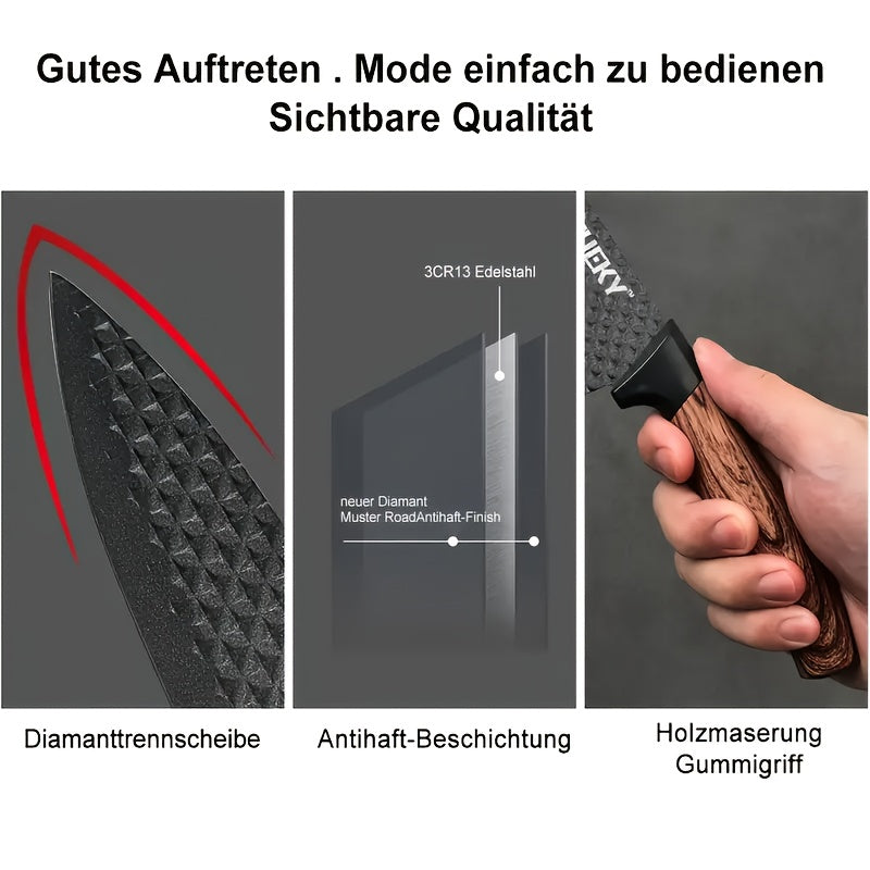 Coltello da Cucina LeQi - Motivo a Rombi - Manico Marrone e Nero - Set da 6 Pezzi in Scatola, Set di 6 Coltelli in Acciaio Inossidabile, Utensili da Cucina in Acciaio Inossidabile. Coltello da Cucina Forgiatura, Forbici, Pelapatate, Coltello per Sbucciare