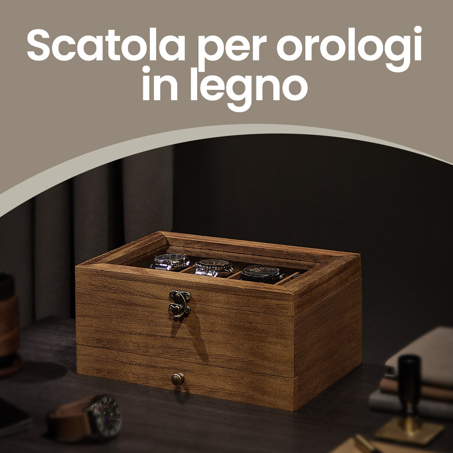 Scatola Porta Orologi in Legno, Custodia per Orologi Meccanici e Gioielli a 8 Scomparti con Coperchio in Vetro, Fodera in Velluto, Inserti Imbottiti, Organizzatore per la Casa, Scelta Regalo Ideale, Scatola Regalo di Natale