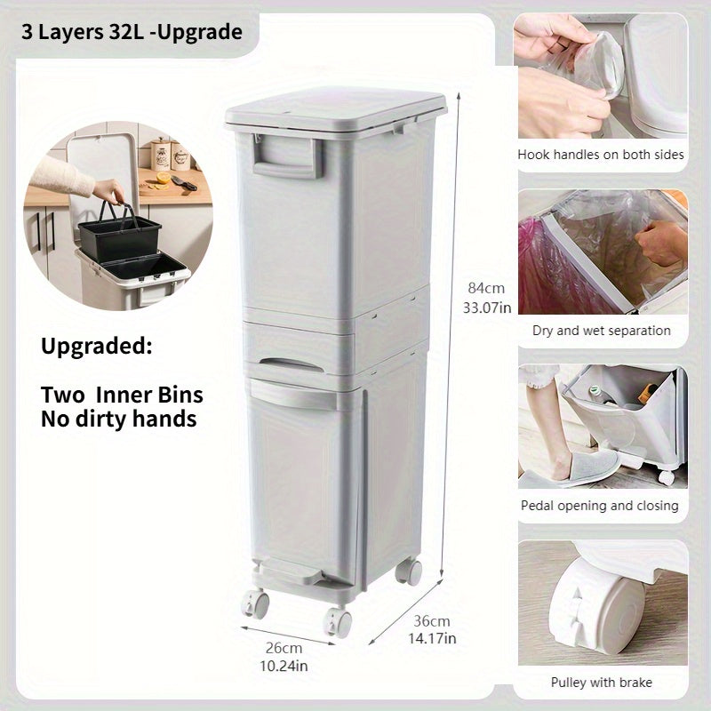 Pattumiera stretta da cucina da 32L con coperchio, raccolta differenziata con divisorio o doppi contenitori interni, a pedale per separazione di rifiuti asciutti e umidi, contenitore per rifiuti in plastica salvaspazio per cucina e bagno