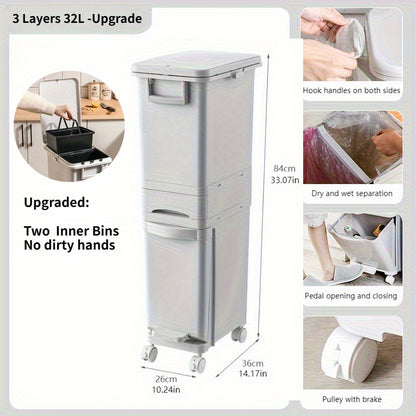 Pattumiera stretta da cucina da 32L con coperchio, raccolta differenziata con divisorio o doppi contenitori interni, a pedale per separazione di rifiuti asciutti e umidi, contenitore per rifiuti in plastica salvaspazio per cucina e bagno