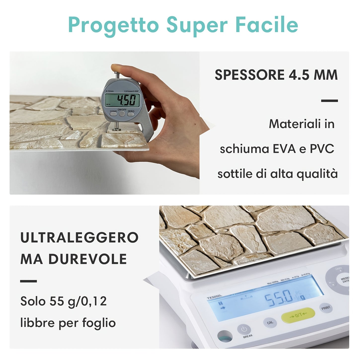 Questo pacchetto include dieci pannelli murali 3D autoadesivi con superficie in PVC effetto pietra, ciascuno misurato 30 per 30 centimetri, progettati per decorare pareti interne.