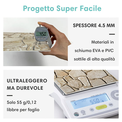 Questo pacchetto include dieci pannelli murali 3D autoadesivi con superficie in PVC effetto pietra, ciascuno misurato 30 per 30 centimetri, progettati per decorare pareti interne.