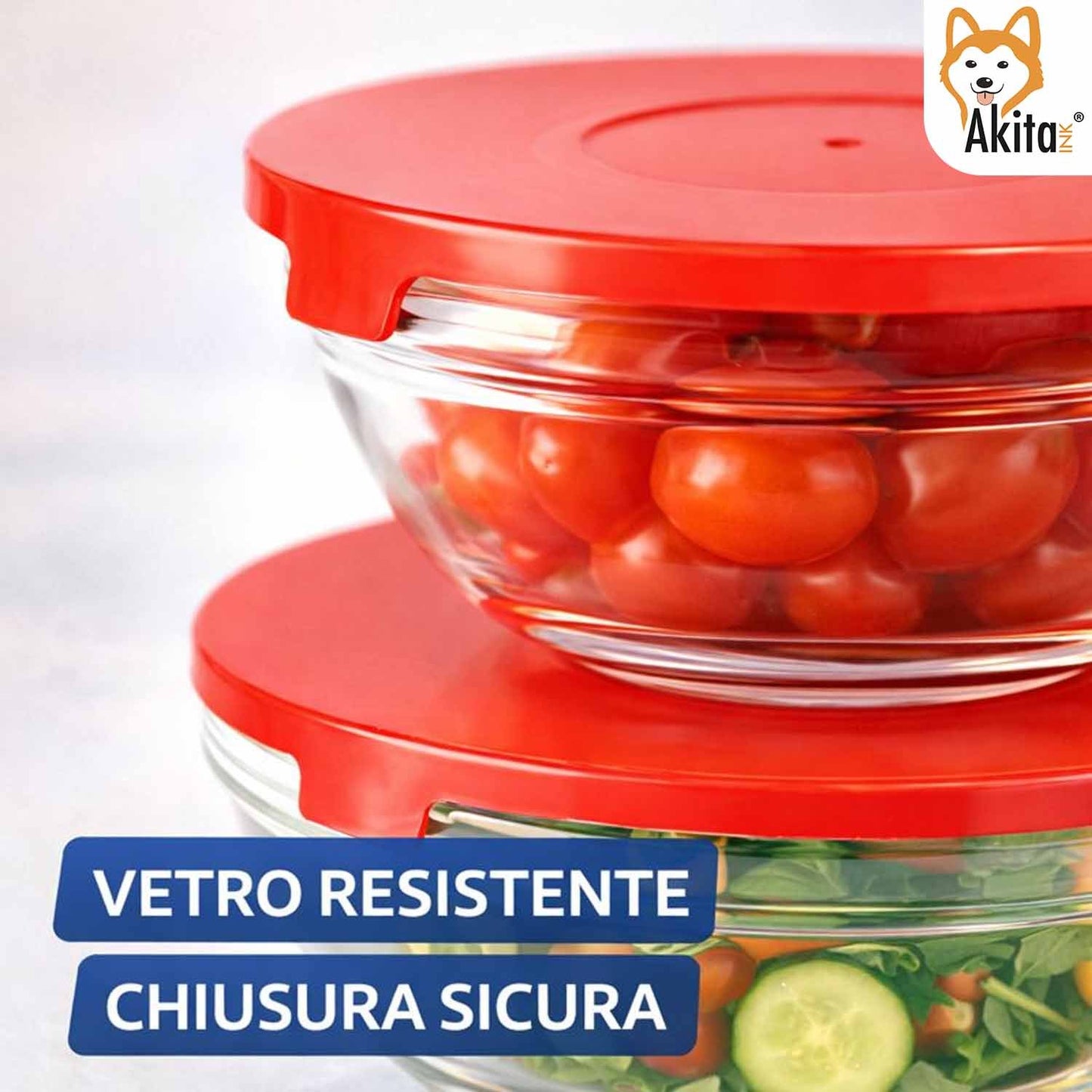 AkitaInk Set 5 Contenitori in Vetro con Coperchio Rosso - Ciotole Impilabili per Conservazione Alimenti, Frigo e Freezer - Diverse Misure