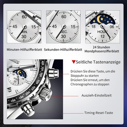 OLEVS Orologi da Uomo con Quadrante Fase Lunare Acciaio Inossidabile/Cinturino in Pelle Cronografo Lusso Business Abito Analogico Quarzo Orologi da Uomo Classici Casual Eleganti Orologi da Polso Quadrante Luminoso Nero/Bianco/Blu/Verde