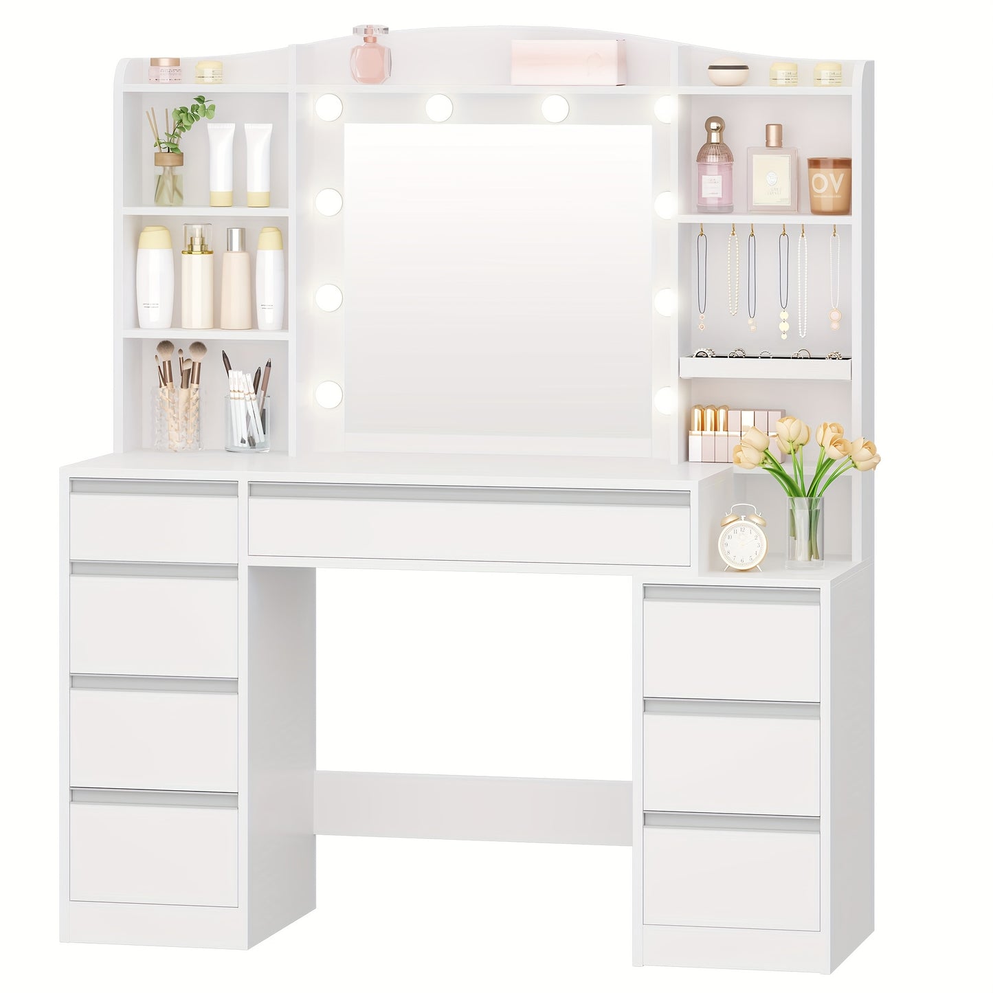 Tavolo da trucco con 8 cassetti, grande specchio con illuminazione LED RGB, ripiano portagioie integrato, piano di lavoro largo 120 cm con comodino, bianco