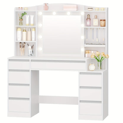 Tavolo da trucco con 8 cassetti, grande specchio con illuminazione LED RGB, ripiano portagioie integrato, piano di lavoro largo 120 cm con comodino, bianco