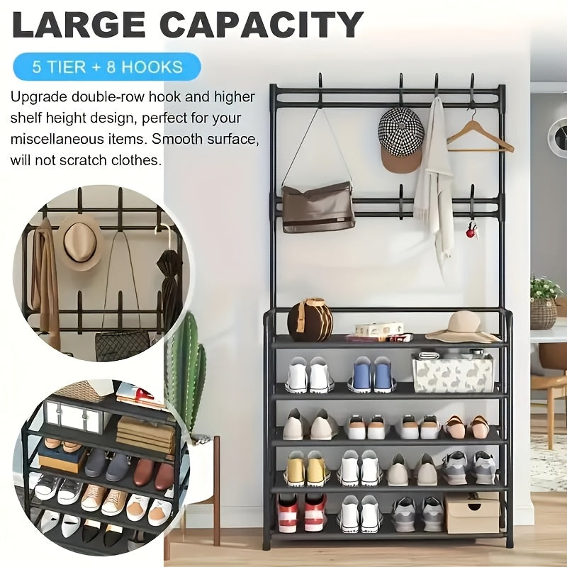 Scarpiera portaoggetti - Appendiabiti salvaspazio, scarpiera a 5 ripiani con 8 ganci, robusta struttura in metallo/plastica dorata, design autoportante o a parete per casa, ufficio e negozio - Adatta per riporre scarpe, cappotti, cappelli, ecc., regalo di