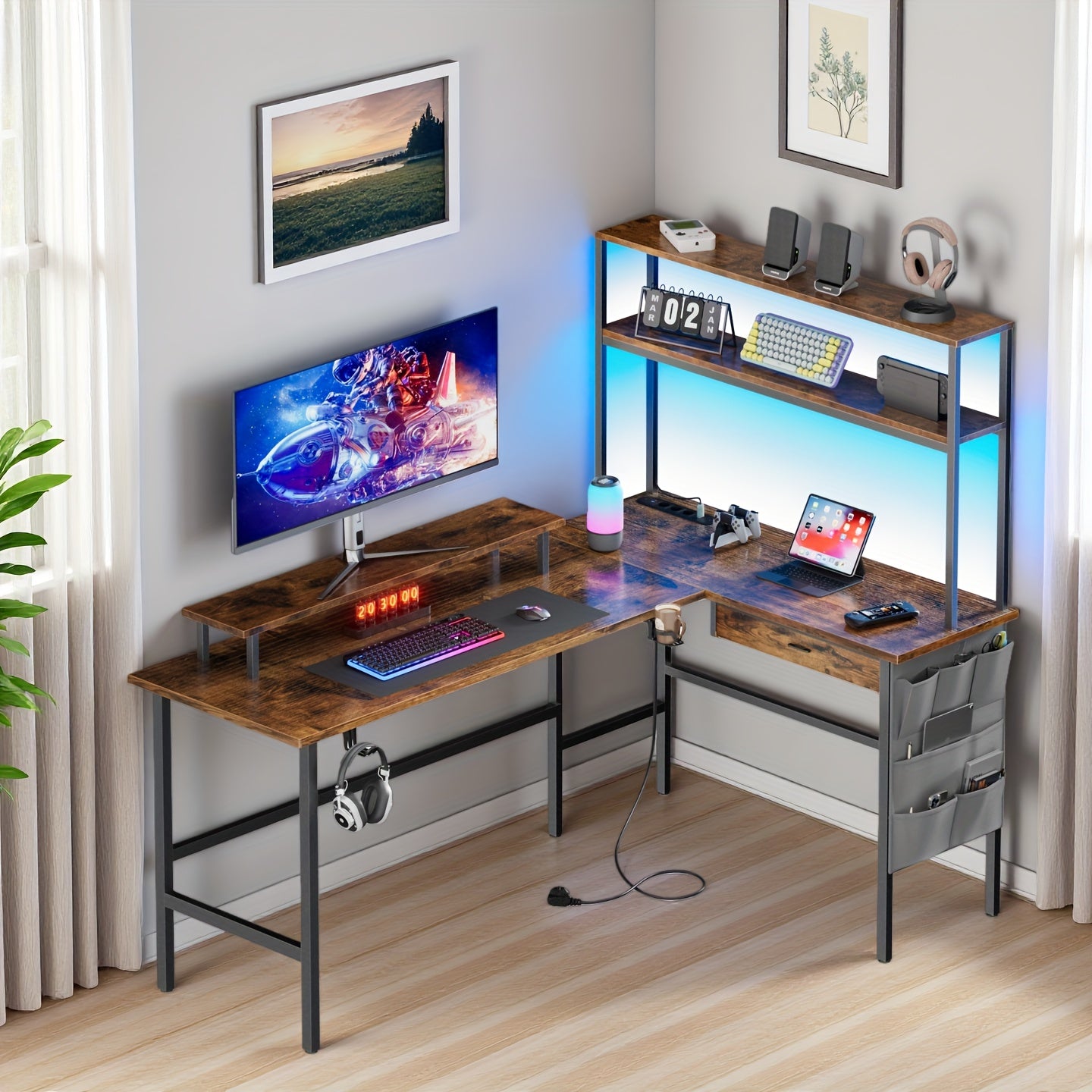 Scrivania da gaming a L con luce LED e presa di corrente - Scrivania da gamer, scrivania per computer reversibile da 59/67 pollici con ripiani portaoggetti e cassetto e borsa, tavolo da gioco angolare con supporto per monitor, ufficio domestico, regali pe