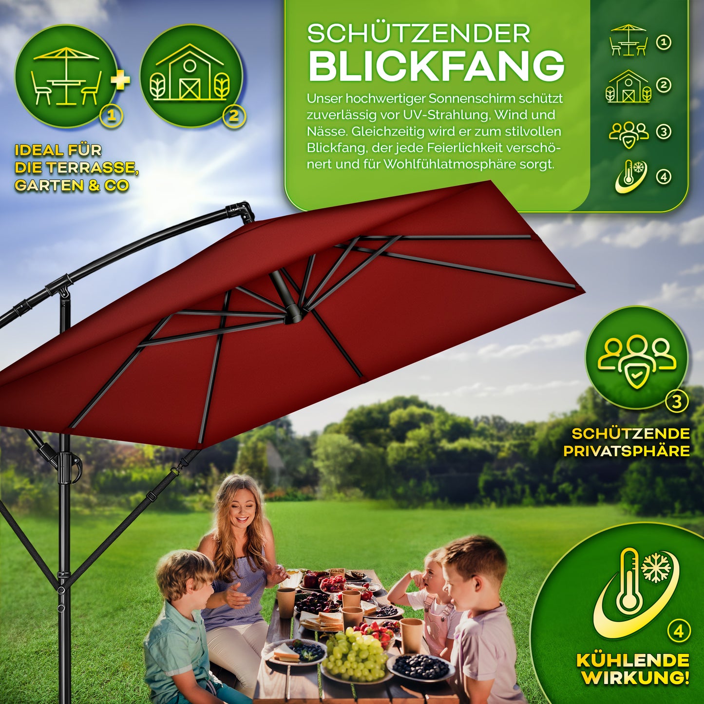 Tillvex® Parasole Rettangolare in Alluminio Ø 330 Cm + Copertura con Manovella | Schermo Angolare a Luce Rossa con Supporto & Parabrezza | Grande Parasole da Giardino in Alluminio Protezione UV | Schermo con Manovella Impermeabile Girevole a 360° per Terr