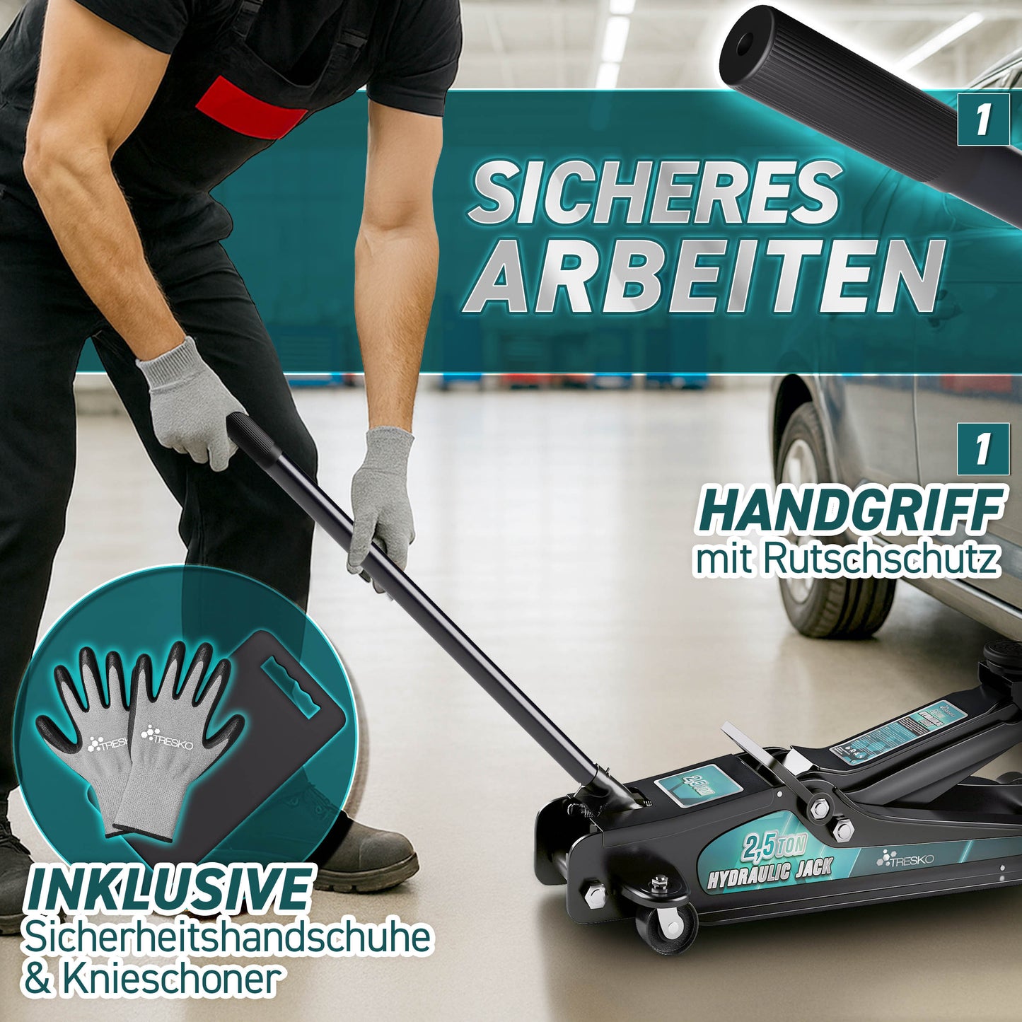Cric idraulico per auto TRESKO® 2.5 - 3T | Cric idraulico per spostamento auto e SUV con ruote piane e a 360°, include 2 guarnizioni in gomma, tappetino protettivo, guanti