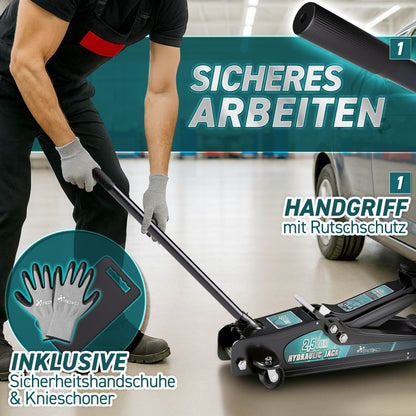 Cric idraulico per auto TRESKO® 2.5 - 3T | Cric idraulico per spostamento auto e SUV con ruote piane e a 360°, include 2 guarnizioni in gomma, tappetino protettivo, guanti