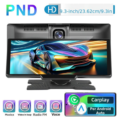Autoradio da 9,3 pollici CarPlayer wireless per Android Auto, DVR integrato, monitor touch HD IPS, registratore a doppia lente, immagine retromarcia, uscita AUX FM, controllo vocale