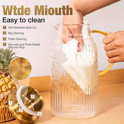 Bandesun 1/2 pezzi Caraffa in vetro con coperchio, 68Oz/2 Litri Caraffa d'acqua vintage, Caraffa in vetro per infusione a freddo, caffè, limonata, tè freddo, bevanda, brocca in vetro resistente al calore, caraffa per servire bevande, distributore di bevan