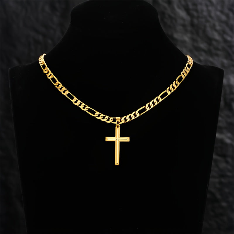 Collana con ciondolo da uomo in argento 925, catena Figaro minimalista placcata in oro 18 carati con ciondolo a croce 3D, regalo perfetto per lui, regalo per la festa del papà, confezione regalo