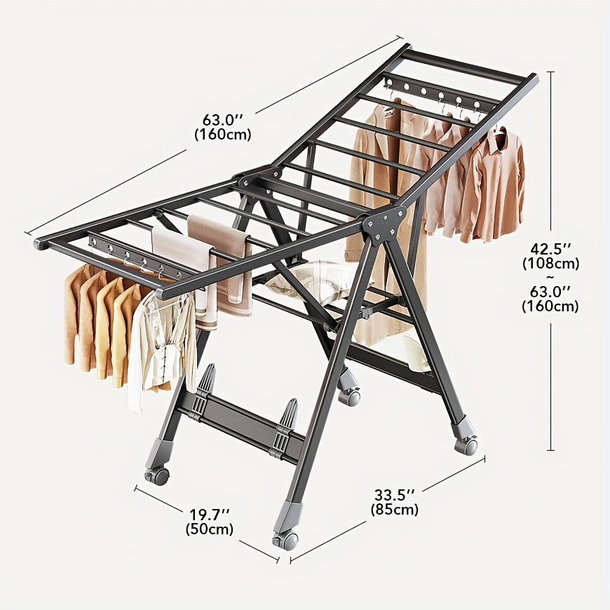 Stendino per Biancheria Pieghevole in Alluminio Resistente con Scarpiere - Design 3 Secondi, Altezza Regolabile, 4 Ruote per Interno/Esterno, Montaggio Senza Attrezzi, Struttura A-Frame Stabile, Grigio Portatile Salvaspazio, Assemblaggio Semplice, Costruz