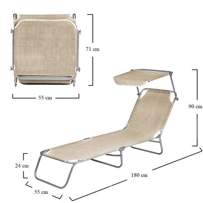 2 Lettini Prendisole Pieghevoli con Tetto Parasole, Misura 180x55x90 cm, Tessuto Textilene, Struttura Metallo Tubolare da 18mm, per Spiaggia, Piscina, Giardino, Peso Max 120kg