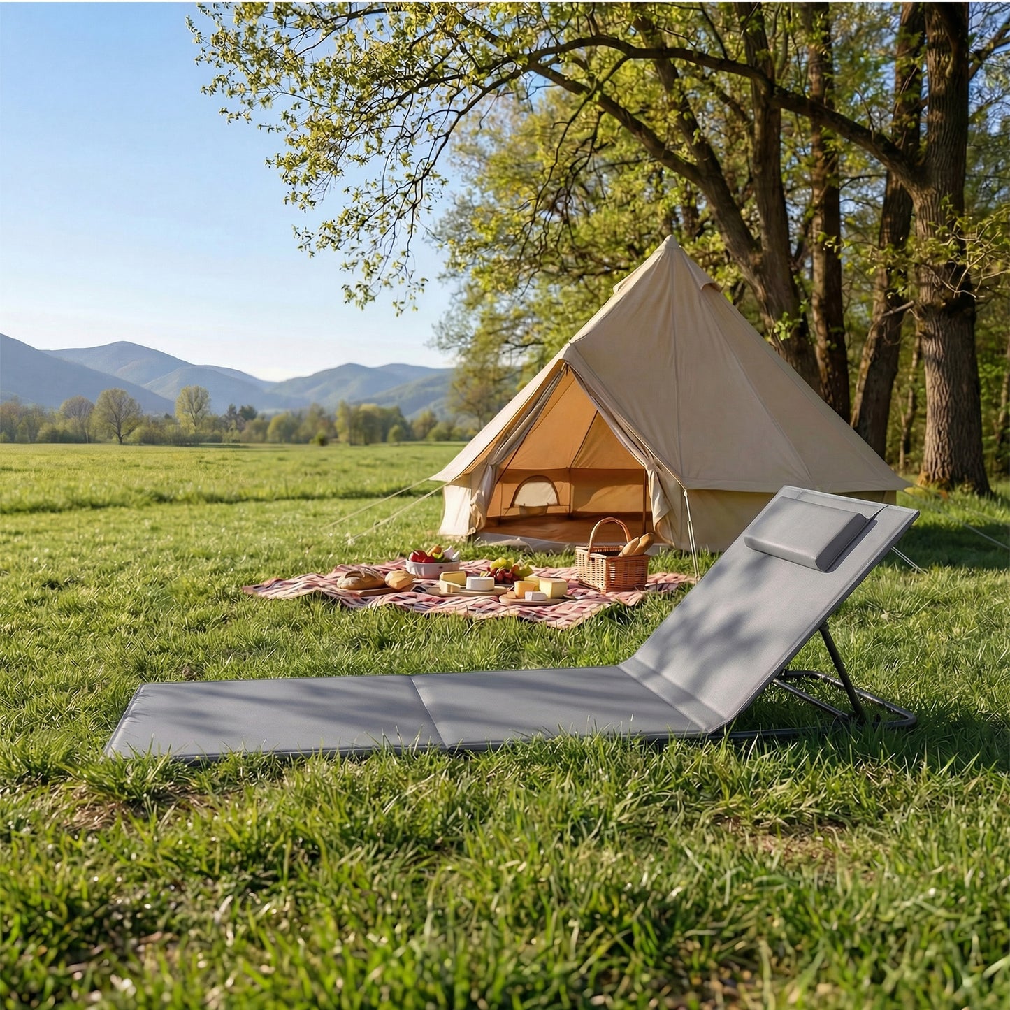 Lettino da Spiaggia, Sedia a Sdraio, Lettino Prendisole, Cuscino, Schienale Inclinabile, Portatile con Manico, per Campeggio Giardino Piscina, 158 x 55 cm, Grigio Ardesia/Azzurro Cielo/Blu Turchino/Grigio