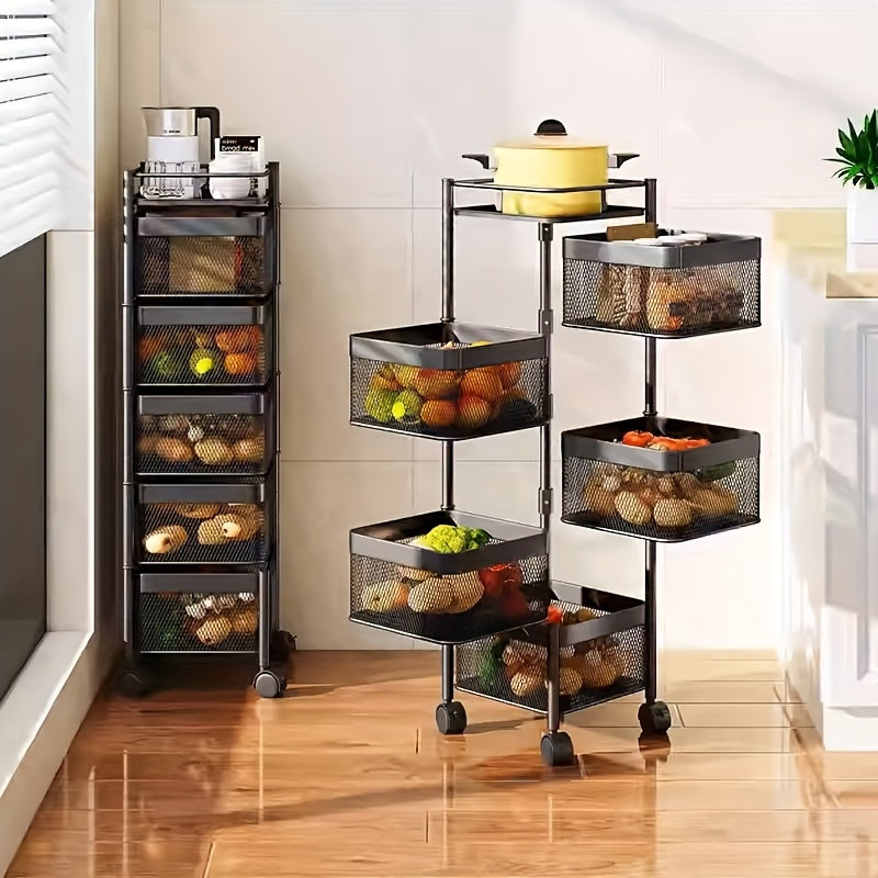 Carrello Girevole a 5 Ripiani per Cucina con Ruote, Struttura in Metallo Robusto, Ideale per Dispensa, Portafrutta, Verdure, Carrello Salvaspazio per Uso Domestico o Commerciale, Scaffale Autoportante