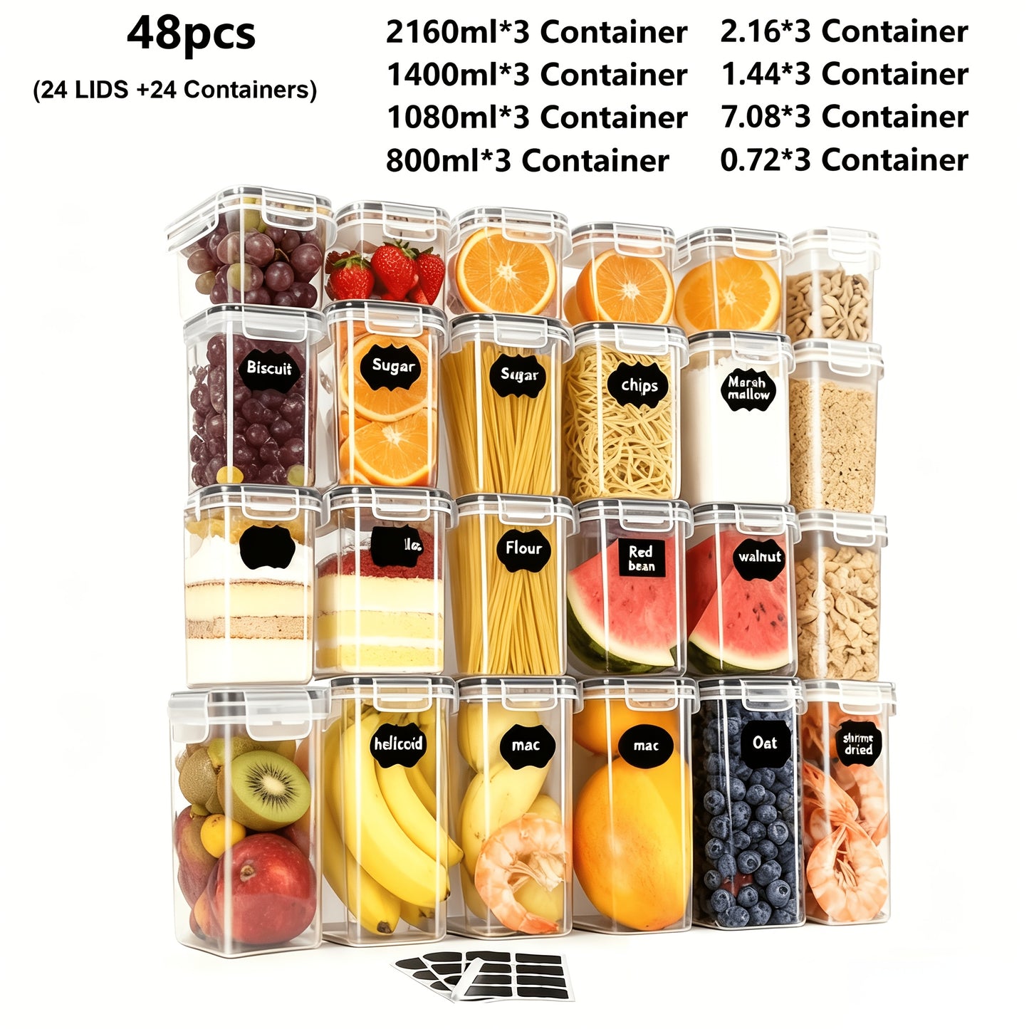 Contenitori per alimenti sigillati 48/20 pezzi, organizer e contenitori multiuso per la cucina, barattoli per alimenti in plastica sana per cereali, farina, zucchero, pasta, inclusi etichette e marcature (24 coperchi e 24 barattoli)
