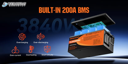 Batteria WERCHTAY 12.8V LiFePO4 300/200/100Ah, Dotata di Celle di Batteria di Grado A+, Oltre 25000 Cicli di Scarica Profonda, Protezione Intelligente BMS da Sovraccarica/Sottocarica, per Accumulo Energetico Domestico, Camper da Esterno, Applicazioni Sola