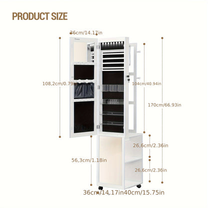 Armadio specchio per gioielli con 8 LED, organizer per gioielli con appendiabiti, specchio a specchio intero con serratura e 4 ruote, ripiani portaoggetti con ganci, 5 in 1, bianco e nero, armadietti per gioielli