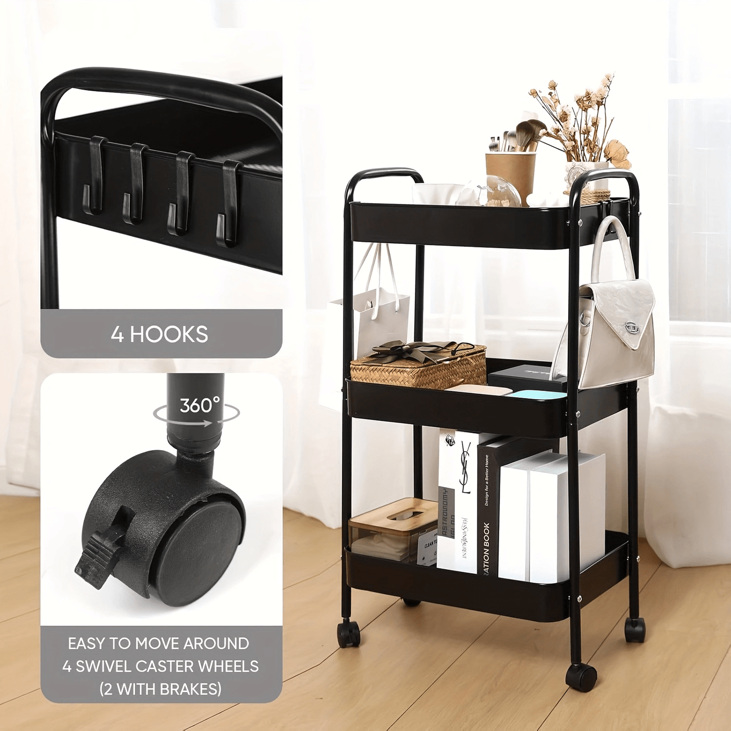 Carrello portaoggetti, mensola da cucina, carrello portaoggetti multifunzionale con ruote, carrello portaoggetti mobile a 3 livelli, adatto per camere da letto, cucine, bagni, uffici (nero)