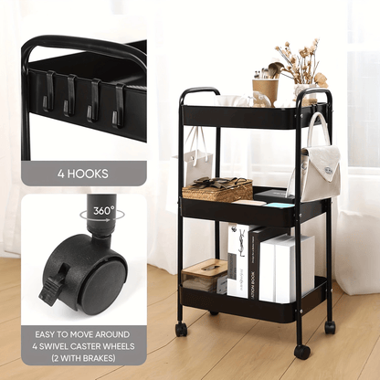 Carrello portaoggetti, mensola da cucina, carrello portaoggetti multifunzionale con ruote, carrello portaoggetti mobile a 3 livelli, adatto per camere da letto, cucine, bagni, uffici (nero)