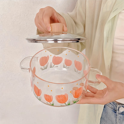 1 pezzo di pentola in vetro stampata con tulipani da 1500ml/50.7oz. Realizzata in vetro borosilicato, adatta per fornelli a gas, fornelli portatili e a cartuccia, non adatta per piastre a induzione, pentolino piccolo con doppie maniglie