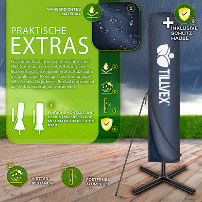 Tillvex® Tenda da Sole Rettangolare in Alluminio con LED Solare Ø 330 Cm + Copertura con Manovella | Ombrello Angolare con Luce Stradale, Supporto e Parabrezza | Grande Ombrello da Giardino in Alluminio con Protezione UV | Ombrello con Manovella, Ombrello