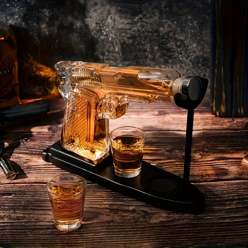 Set, caraffa da whisky da 230 ml/7.78 oz e due bicchieri da vino rosso da 50 ml/1.69 oz con base in legno, set pistola per whisky e vino, combinazione di caraffe in vetro, shaker da cocktail originale, regalo per fidanzato, papà o fratello