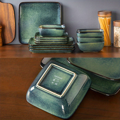 Set da pranzo verde da 12 pezzi, stoviglie quadrate con smalto reattivo, set di stoviglie da cucina in argilla con piatto da portata, piatto da dessert, set di ciotole per 4 persone, lavabile in lavastoviglie e adatto al microonde, fatto a mano, regalo pe