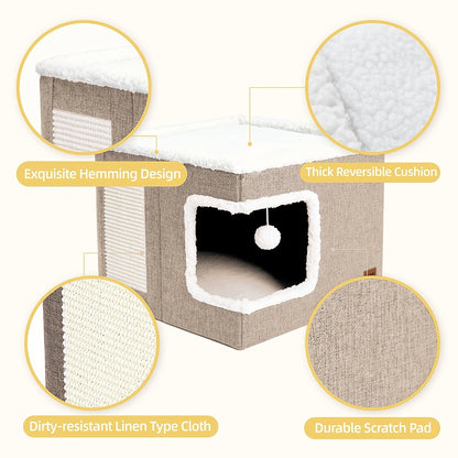 Cuccia per gatti con letti a 2 livelli, tunnel giocattolo, divano pieghevole, tiragraffi e palla sospesa in peluche - Struttura resistente in nylon, tela morbida, design chiuso per tutte le stagioni, facile da montare, cuccia a cubo per interni, unità di