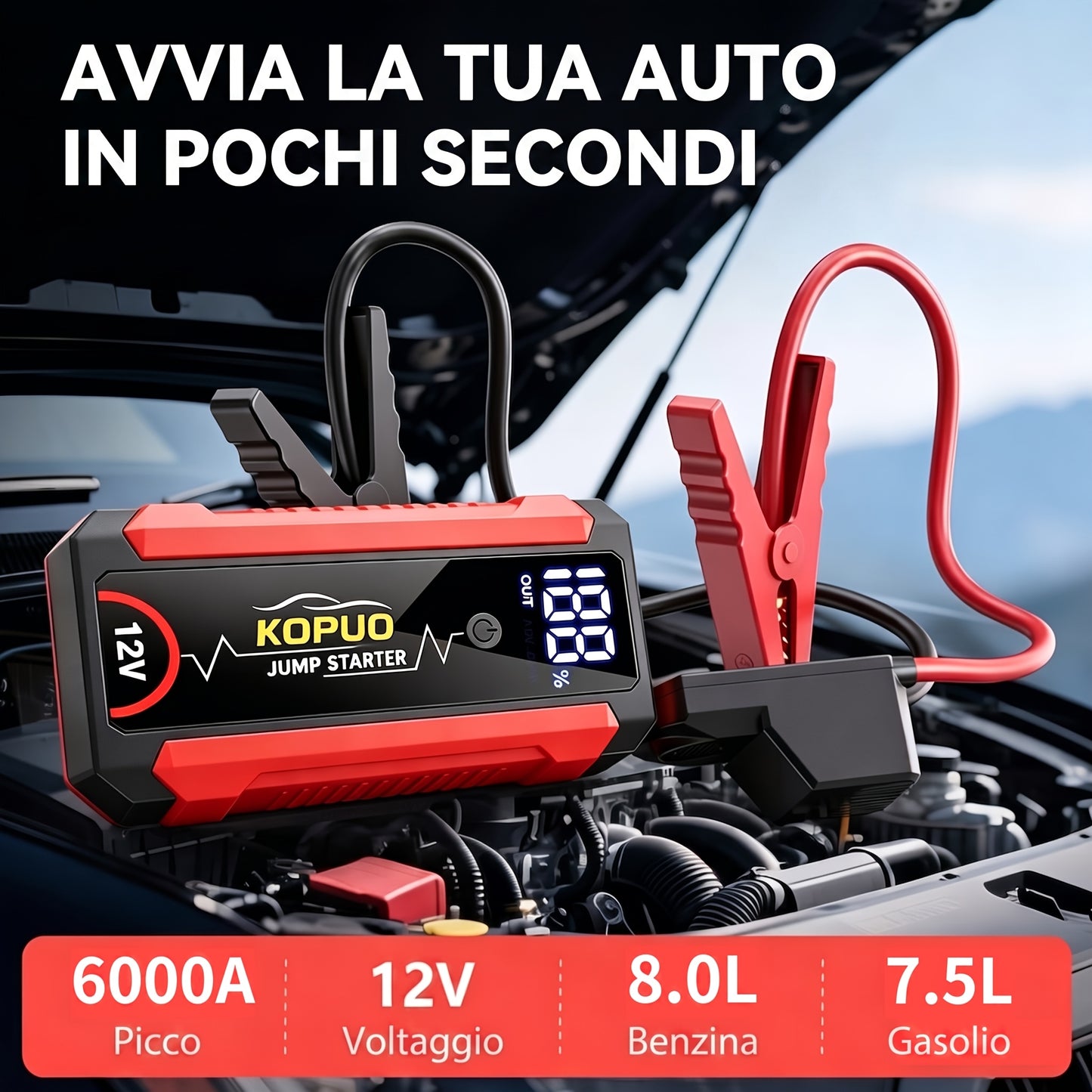 Avviatore di emergenza per auto KOPUO 6000A Peak 12V con display LCD e ricarica rapida, booster di batteria portatile per motori a benzina da 8,0L/diesel da 7,5L, kit di emergenza con torcia stroboscopica LED SOS per veicoli