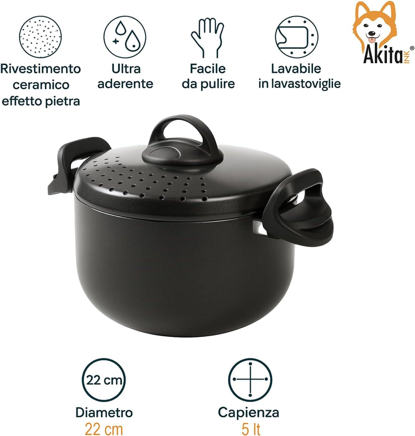 Akitaink Pentola 22cm 5L con Scolapasta Integrato Scoli’ - Pentola Antiaderente in Alluminio con Maniglie Bloccanti, Sicura, Pratica e Facile da Pulire, Scolì Made in Italy